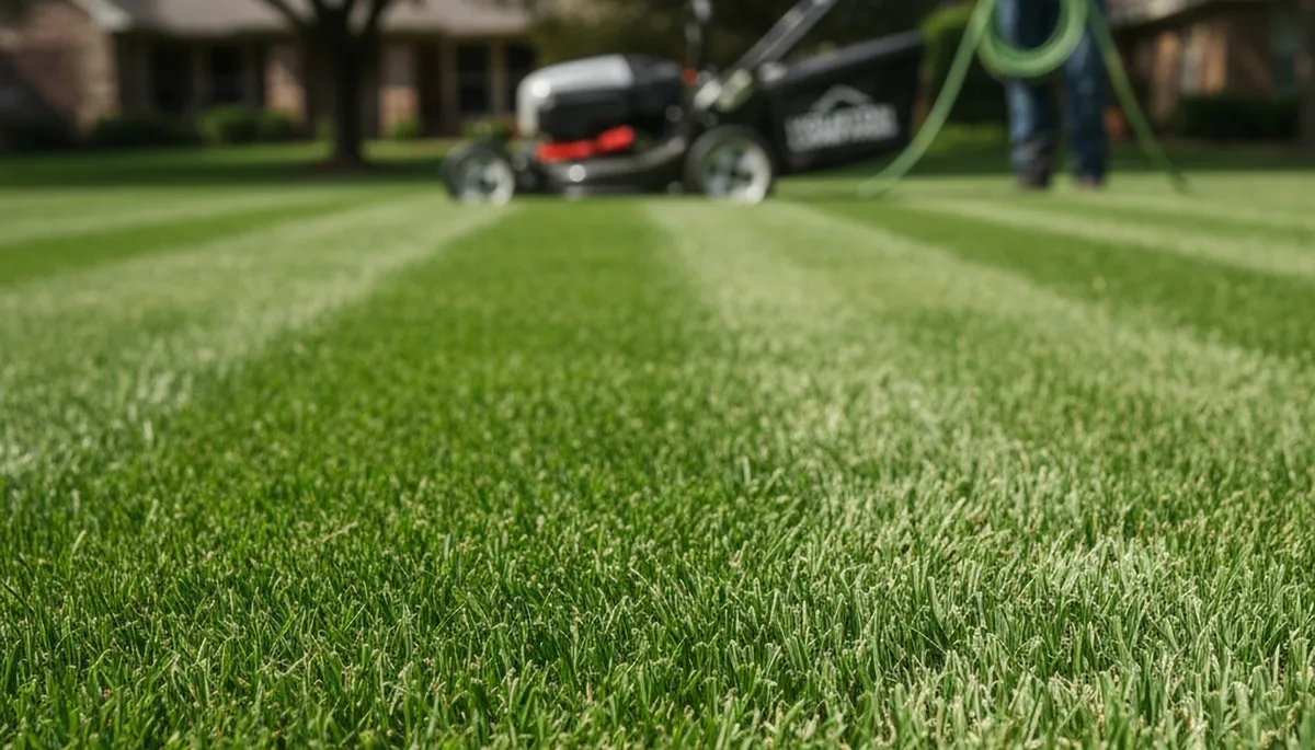 Close-up of professionally mowed green lawn grass blades in Houston, TX by Chop Chop Landscaping
