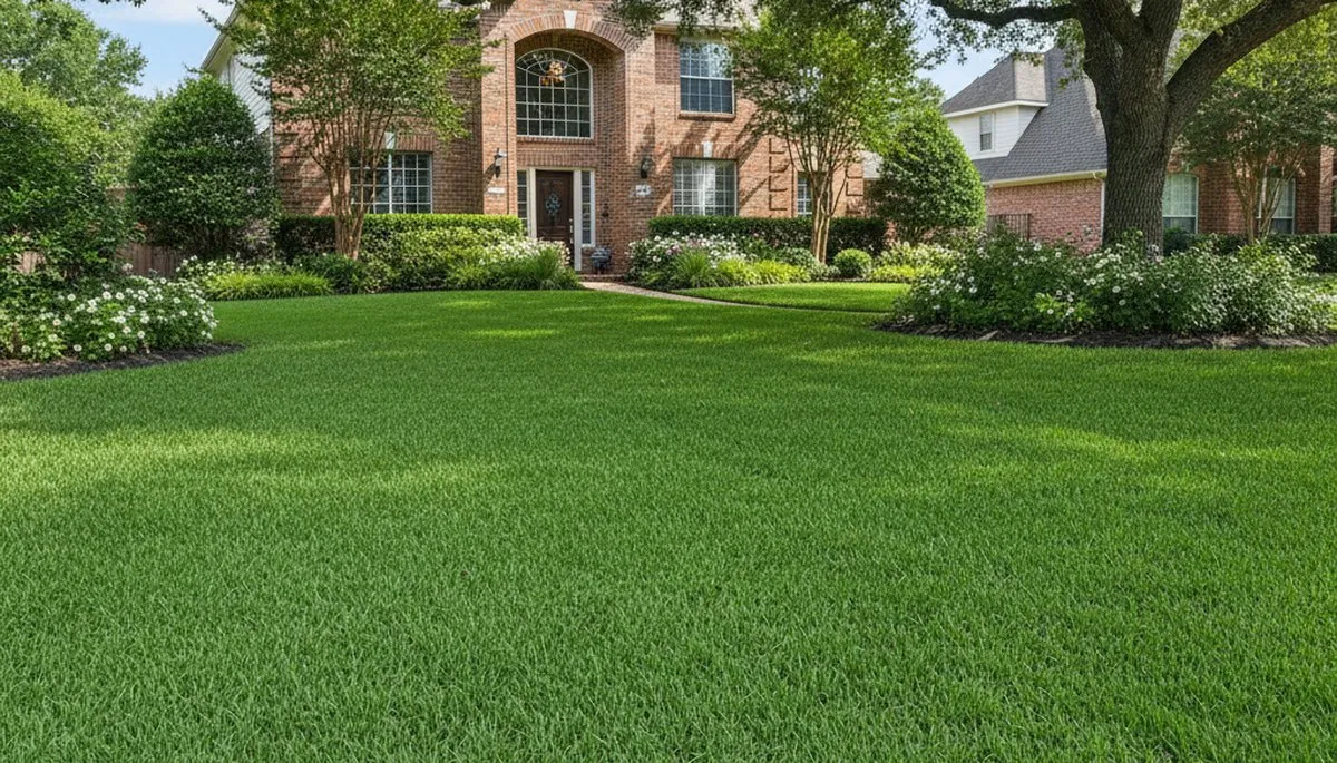 Lush, professionally maintained Houston TX lawn with thick green turf from expert lawn care services