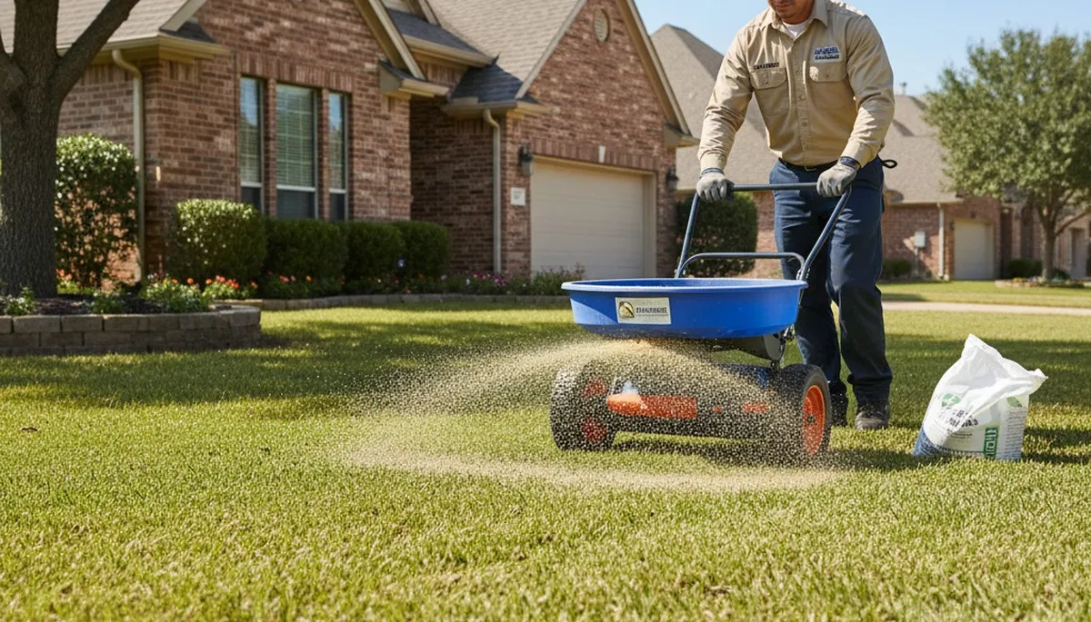 Professional applying lawn fertilizer with spreader in Houston TX for expert lawn care service