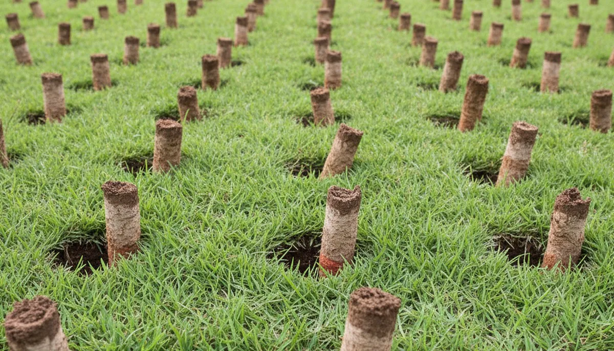 Close-up of soil core plugs after lawn aeration on treated grass in Houston, TX by Chop Chop Landscaping