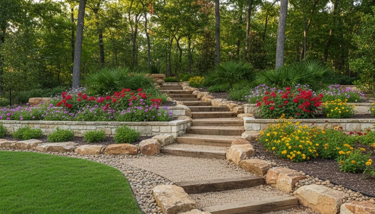 Terraced garden with timber steps and native plants by professional landscapers in Houston, TX